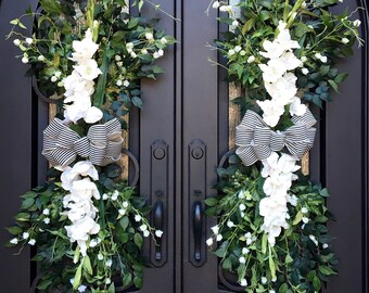 XL Spring & Summer Gladiola Swags for Double Doors, Southern Charm, Upscale Country Farmhouse, Elegant White and Green Natural Design