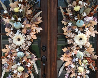 XL Fall Swags for Front Double Doors, Natural Design, Pumpkins, Cotton, Leaves, Country Farmhouse, Southern Charm, Single Door Option