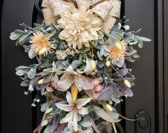 Large Elegant Farmhouse Swag for Front Door or Interior Decor, Southern Charm, Lamb's Ear, Cream Casa Blanca Lilies, Dahlias, Unique Gift