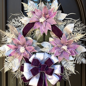Large Purple & Silver Christmas Wreath, Elegant Poinsettia Wreath, Glamorous and Glitzy, Winter White Wreath, Purple Velvet, Shiny Silver