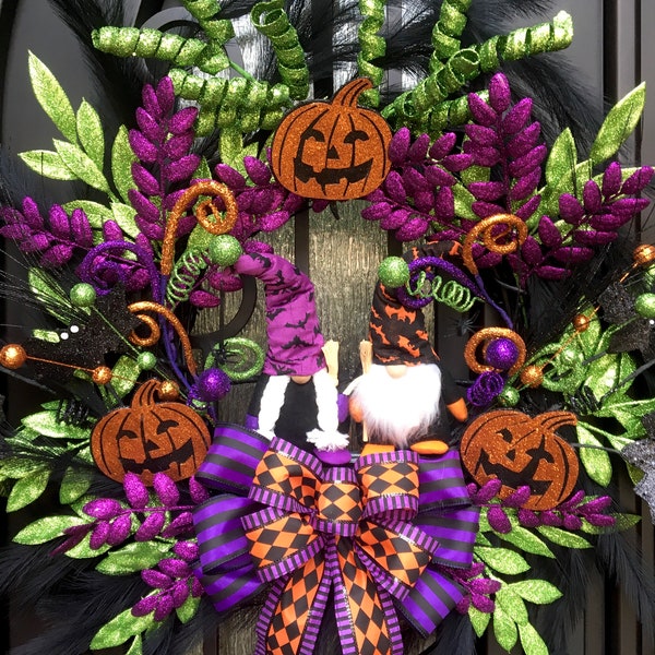 Halloween Wreath, Gnomes, Black Pampas Grass, Jack-O-Lanterns, Bats, Green & Purple Shiny Branches with Leaves, Ribbon Bow, XL Size