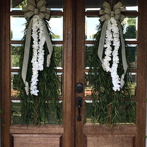 Extra Large Swags for Front Double Doors, Grass and Garland Privacy Swags, Country Farmhouse, Green & White All Season Swags, Bow with Tails image 7