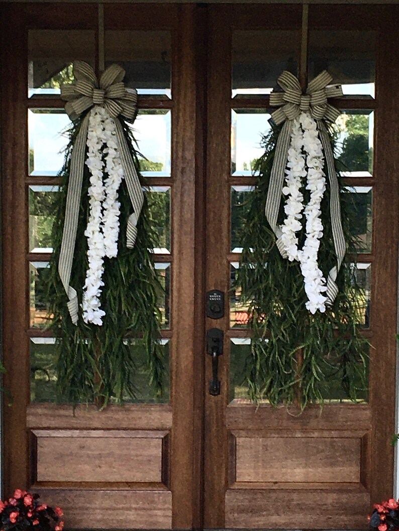 Extra Large Swags for Front Double Doors, Grass and Garland Privacy Swags, Country Farmhouse, Green & White All Season Swags, Bow with Tails image 7