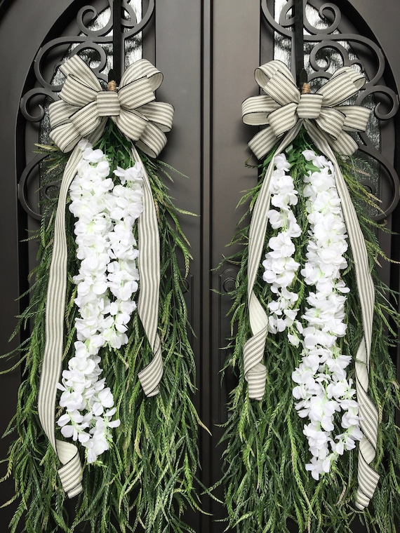 Extra Large Swags for Front Double Doors, Grass and Garland Privacy Swags, Country Farmhouse, Green & White All Season Swags, Bow with Tails