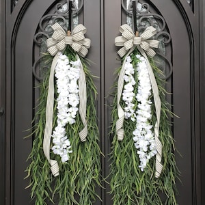 Extra Large Swags for Front Double Doors, Grass and Garland Privacy Swags, Country Farmhouse, Green & White All Season Swags, Bow with Tails image 3