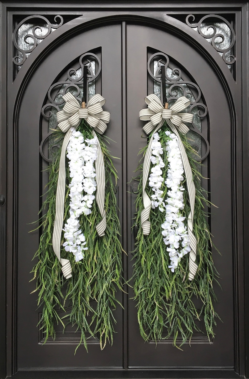 Extra Large Swags for Front Double Doors, Grass and Garland Privacy Swags, Country Farmhouse, Green & White All Season Swags, Bow with Tails image 3
