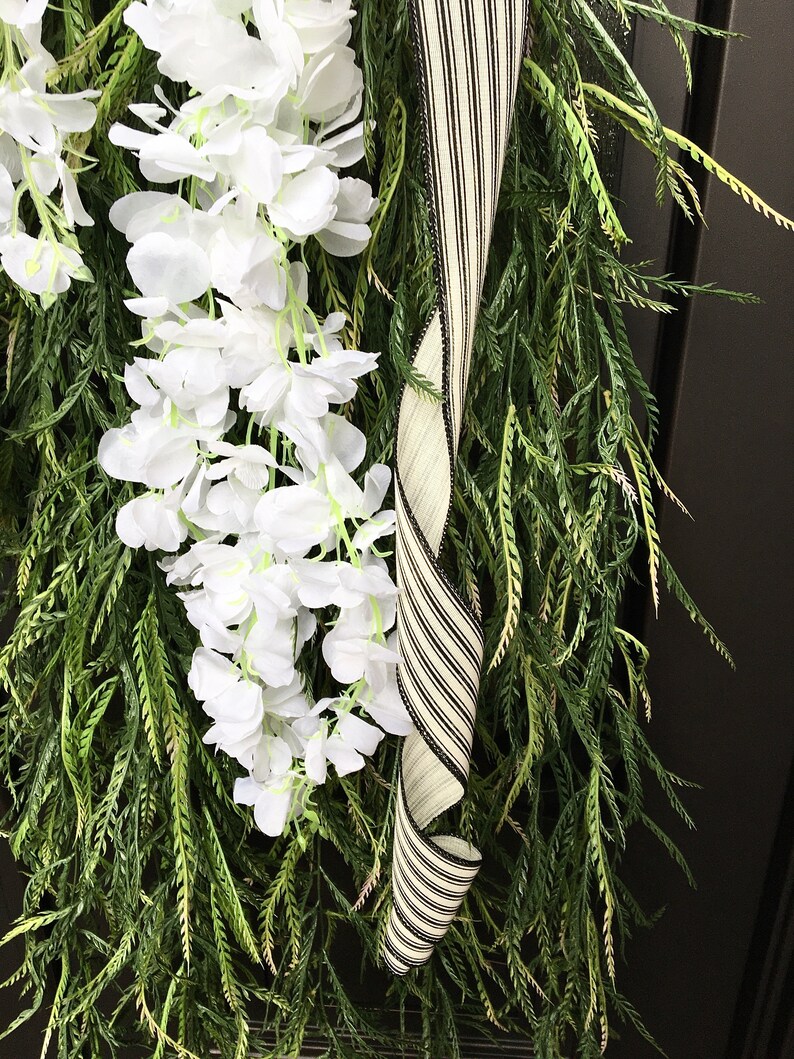 Extra Large Swags for Front Double Doors, Grass and Garland Privacy Swags, Country Farmhouse, Green & White All Season Swags, Bow with Tails image 6