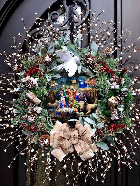 XL Country Farmhouse Christmas Wreath for Front Door, Nativity Sign, Lamb's Ear, Pine, Pine Cones, Red Berries, Logs, White Berries, Dove