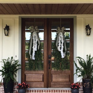 Extra Large Swags for Front Double Doors, Grass and Garland Privacy Swags, Country Farmhouse, Green & White All Season Swags, Bow with Tails image 8