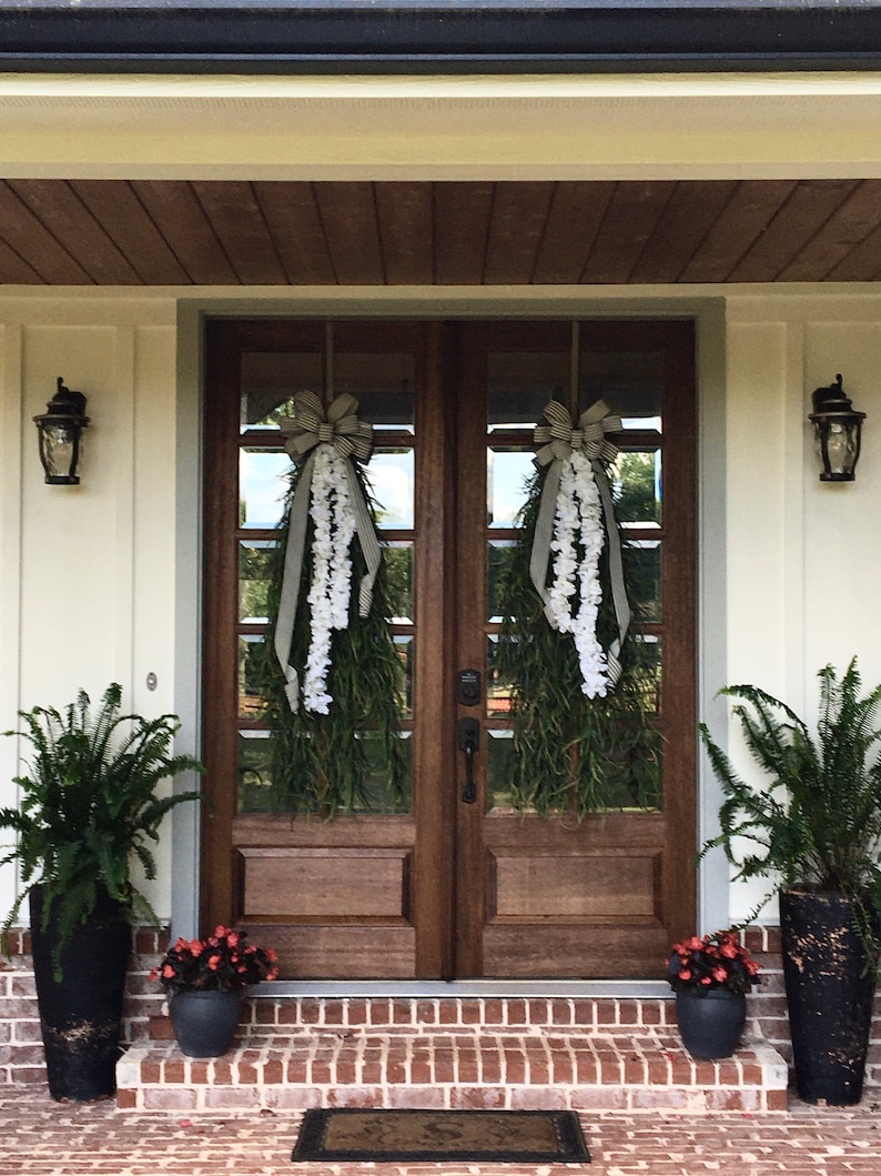 Extra Large Swags for Front Double Doors, Grass and Garland Privacy Swags, Country Farmhouse, Green & White All Season Swags, Bow with Tails image 8