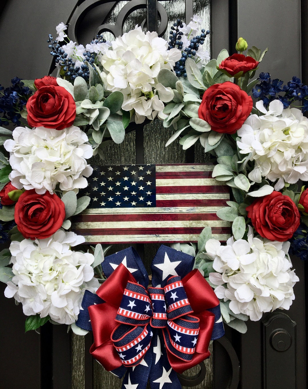 Patriotic Front Door Wreath, American Flag Sign, Lamb's Ear, Red, White ...