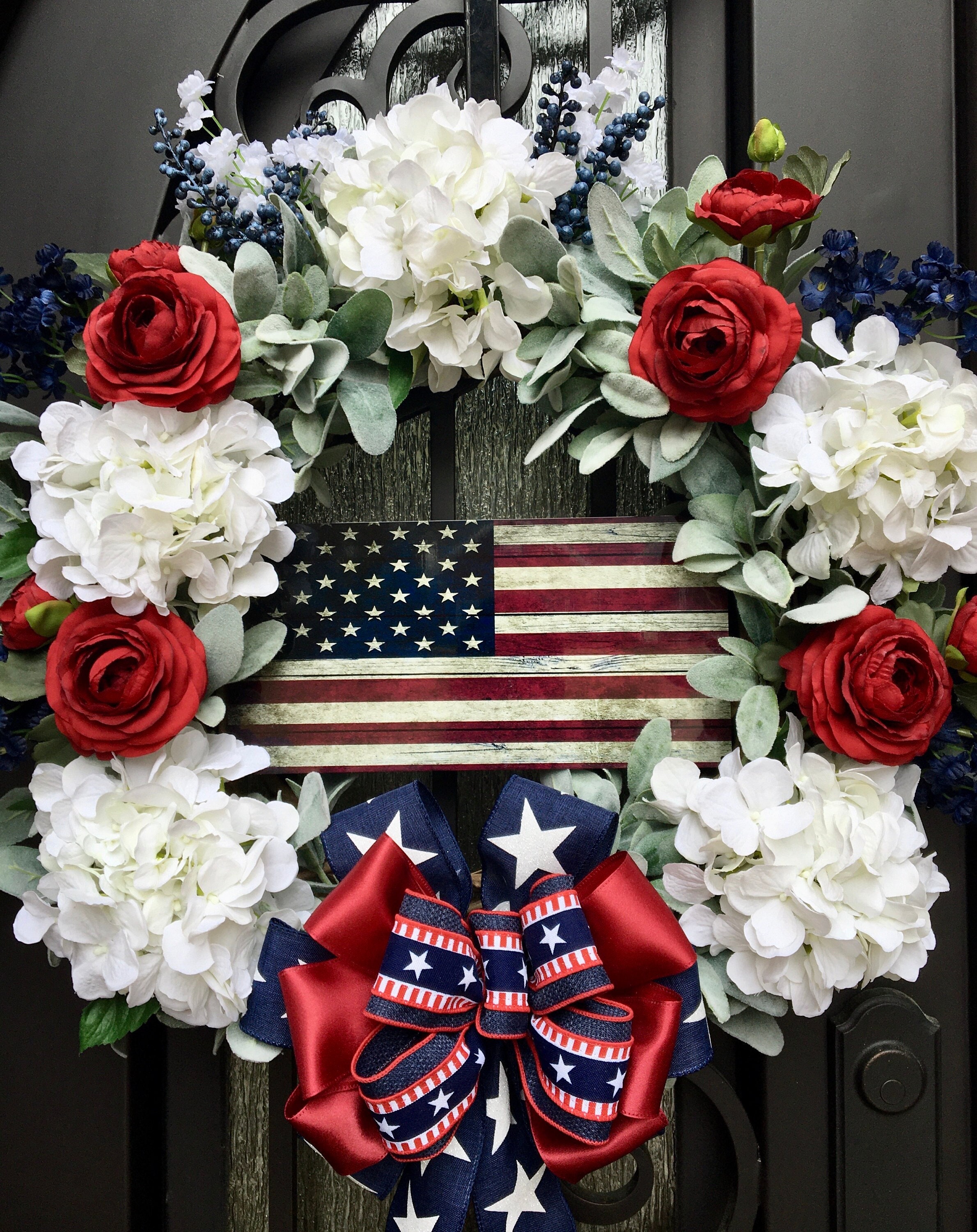 Patriotic Front Door Wreath, American Flag Sign, Lamb's Ear, Red, White ...