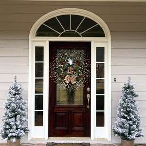 May include: A brown wooden front door with a white wreath decorated with red berries, a white dove, and a gold bow. The door has a glass panel with a decorative arched window above it. Two small, snow-frosted artificial Christmas trees are on either side of the door. A welcome mat is on the ground in front of the door.