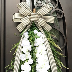 Extra Large Swags for Front Double Doors, Grass and Garland Privacy Swags, Country Farmhouse, Green & White All Season Swags, Bow with Tails image 5