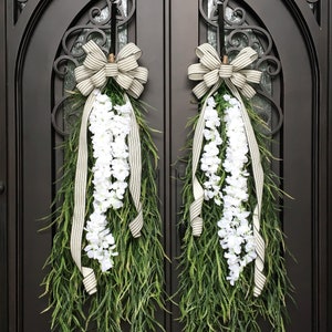Extra Large Swags for Front Double Doors, Grass and Garland Privacy Swags, Country Farmhouse, Green & White All Season Swags, Bow with Tails image 2