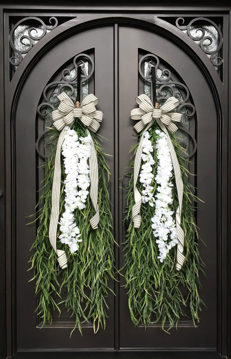 Extra Large Swags for Front Double Doors, Grass and Garland Privacy Swags, Country Farmhouse, Green & White All Season Swags, Bow with Tails image 2