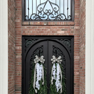 Extra Large Swags for Front Double Doors, Grass and Garland Privacy Swags, Country Farmhouse, Green & White All Season Swags, Bow with Tails image 4