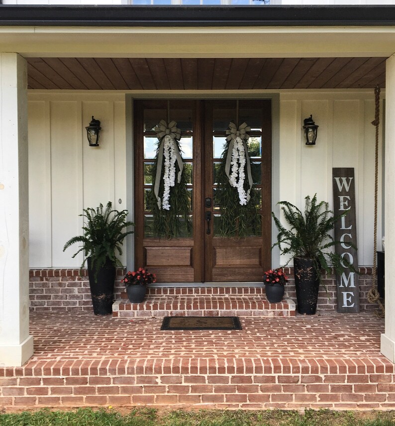 Extra Large Swags for Front Double Doors, Grass and Garland Privacy Swags, Country Farmhouse, Green & White All Season Swags, Bow with Tails image 9