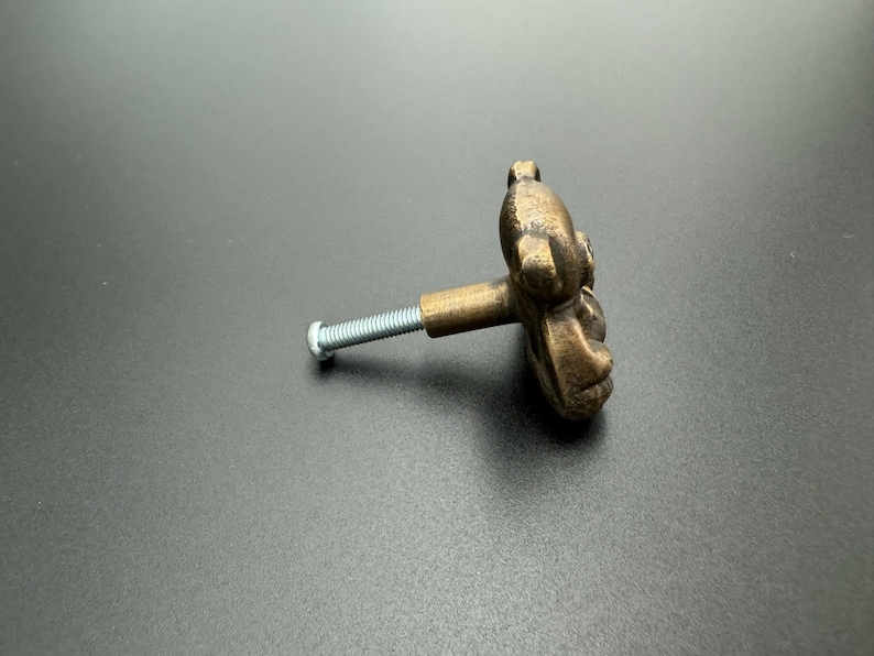 Pode incluir: Um bot&atilde;o de arm&aacute;rio em forma de urso de cor bronze com um parafuso prateado.