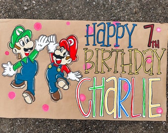 Super Mario Painted Banner, Mario birthday, Brown Painted Banner, Painted Party Banner, Super Mario Birthday, Mario Party, Kid Birthday