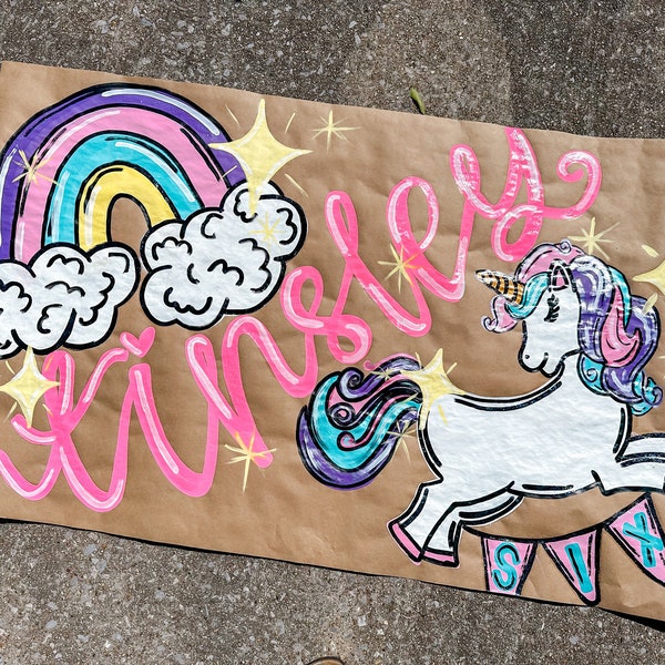 Unicorn Banner, Painted Brown Paper Banners, Painted Banners, Birthday Banners, Girly Birthday Themes, unicorn party, unicorn birthday