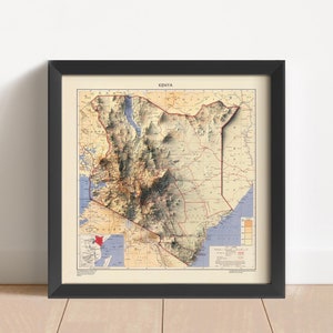 Carte en relief vintage du Kenya, basée sur l'original de 1957 | Art mural et décoration d'intérieur du Kenya | Impression encadrée | Carte topographique en cadeau | PAS UNE CARTE 3D