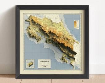 Costa Rica Vintage Relief-Karte, basierend auf Original von 1971 | Costa Rica Wand Kunst & Home Decor | Geschenk | Topographischer Druck | KEINE 3D-KARTE