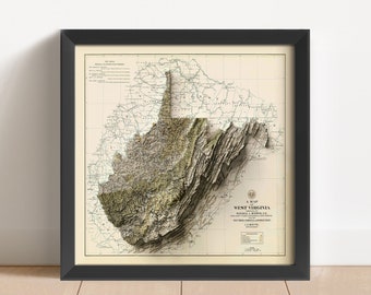 West Virginia Vintage Relief Map, based on 1889 original | Wall Art & Home Decor | Framed Print | Topographic Map Gift | NOT A 3D MAP