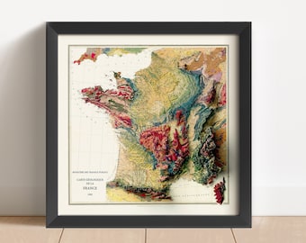 France Geological Vintage Relief Map, based on 1905 original | France Wall Art & Home Decor Gift | Topographic Framed Print | NOT A 3D MAP