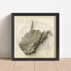 West Virginia Vintage Reliefkarte, basierend auf dem Original von 1889 | Wand Kunst & Home Decor | Gerahmter Druck | Topographische Karte Geschenk | KEINE 3D-KARTE