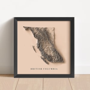 Carte en relief minimaliste de la Colombie-Britannique (Canada) | Art mural | Impression encadrée | Décoration murale antique | Carte topographique en cadeau | PAS UNE CARTE 3D
