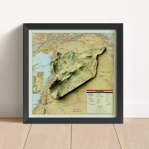 Syrien Vintage Relief Landkarte, basierend auf Original 2004 | Syrien Wand Kunst & Home Decor | Gerahmter Druck | Topographische Karte Geschenk | KEINE 3D-KARTE