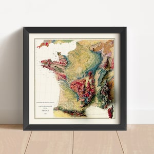Carte géologique en relief vintage de la France, basée sur l'original de 1905 | Cadeau d'art mural et de décoration d'intérieur France | Impression encadrée topographique | PAS UNE CARTE 3D