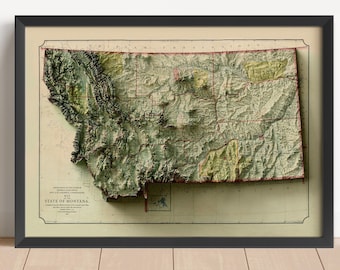 May include: A vintage, detailed relief map of the State of Montana. The map is printed in shades of green, brown, and yellow, with a black frame. The map shows the state's topography, including mountains, rivers, and valleys.