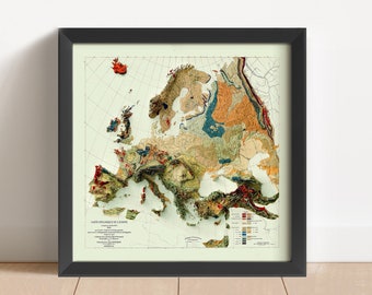 Vintage reliëfkaart van Europa, gebaseerd op het origineel uit 1875 | Muurdecoratie en woonaccessoires van Europa | Ingelijste print | Topografische kaart als cadeau | GEEN 3D-KAART