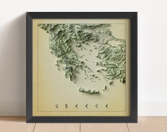 May include: A framed map of Greece with a 3D topographic design. The map is printed on a cream-colored background with the word "GREECE" printed in brown at the bottom.