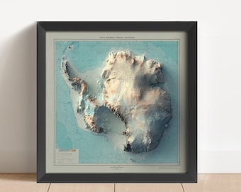 May include: A framed map of Antarctica with a blue background and a white and brown topographic map of the continent. The map is titled "1971 Antarctic Polar Map Projection".