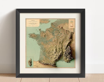 France Vintage Relief Map, based on 1880 original | France Wall Art & Home Decor | Framed Print | Topographic Map Gift | NOT A 3D MAP