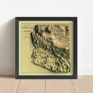Arizona Vintage Relief-Karte, basierend auf dem Original von 1876 | Arizona Wand Kunst & Home Decor | Gerahmter Druck | Topographische Karte Geschenk | KEINE 3D-KARTE