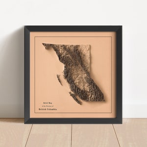 Carte en relief minimaliste de la Colombie-Britannique (Canada) | Art mural | Impression encadrée | Décoration murale antique | Carte topographique en cadeau | PAS UNE CARTE 3D