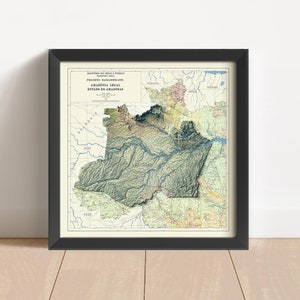 Amazonas (Brasilien) Vintage Relief Karte, basierend auf 1983 original | Wand Kunst & Home Decor | Gerahmter Druck | Topographische Karte Geschenk | KEINE 3D-KARTE