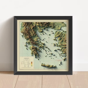 Carte en relief vintage de la Grèce, basée sur l'original de 1948 | Art mural et décoration d'intérieur, Grèce | Impression encadrée | Carte topographique en cadeau | PAS UNE CARTE 3D