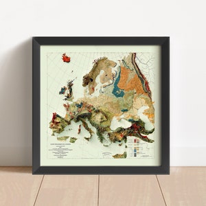 Carte en relief vintage de l'Europe, basée sur l'original de 1875 | Art mural et décoration d'intérieur Europe | Impression encadrée | Carte topographique en cadeau | PAS UNE CARTE 3D