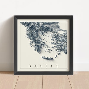 Griechenland Minimalistische Reliefkarte | Griechenland Wandkunst | Griechenland gerahmter Druck | Antikes Wanddekor | Topographische Karte Geschenk | KEINE 3D-KARTE