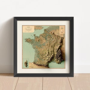 Carte en relief vintage de la France, basée sur l'original de 1880 | Art mural et décoration d'intérieur France | Impression encadrée | Carte topographique en cadeau | PAS UNE CARTE 3D