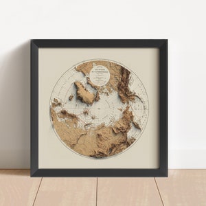 Arktis Vintage Relief Landkarte, basierend auf Original um 1880 | Arktis Wand Kunst & Wohn Dekor | Gerahmter Druck | Topographische Karte Geschenk | KEINE 3D-KARTE