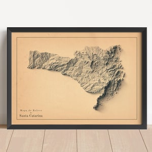 May include: Framed topographic map of Santa Catarina, Brazil, in a black frame. The map is a detailed relief rendering in shades of brown and tan, with the text "Mapa de Relevo Santa Catarina".