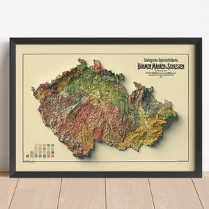 Tjeckiens vintage reliefkarta, baserad på originalet från 1907 | Tjeckiens väggkonst och heminredning | Inramad utskrift | INTE EN 3D-KARTA