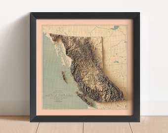 Puede incluir: Un mapa vintage enmarcado de Columbia Británica con un efecto en relieve 3D. El mapa está en tonos marrones, verdes y azules, con un fondo melocotón. El texto "BRITISH COLUMBIA" está impreso en la esquina inferior izquierda.