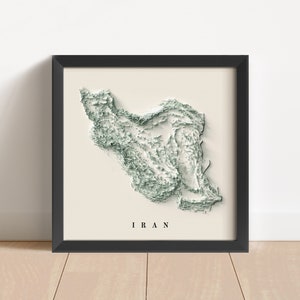 Carte en relief minimaliste de l'Iran | Art mural iranien | Impression encadrée Iran | Décoration murale antique | Carte topographique en cadeau | PAS UNE CARTE 3D